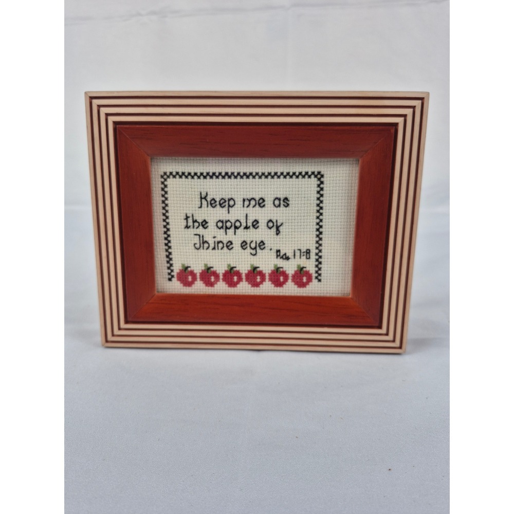 Vintage Framed Cross Stitch Bible‎ Verse Apple of Thine Eye Wood Decor